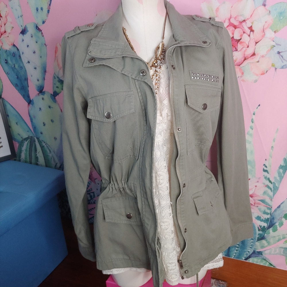 Forever Flower | Stud Zip Snap Olive Green Miliatry Anorak Cotton Large